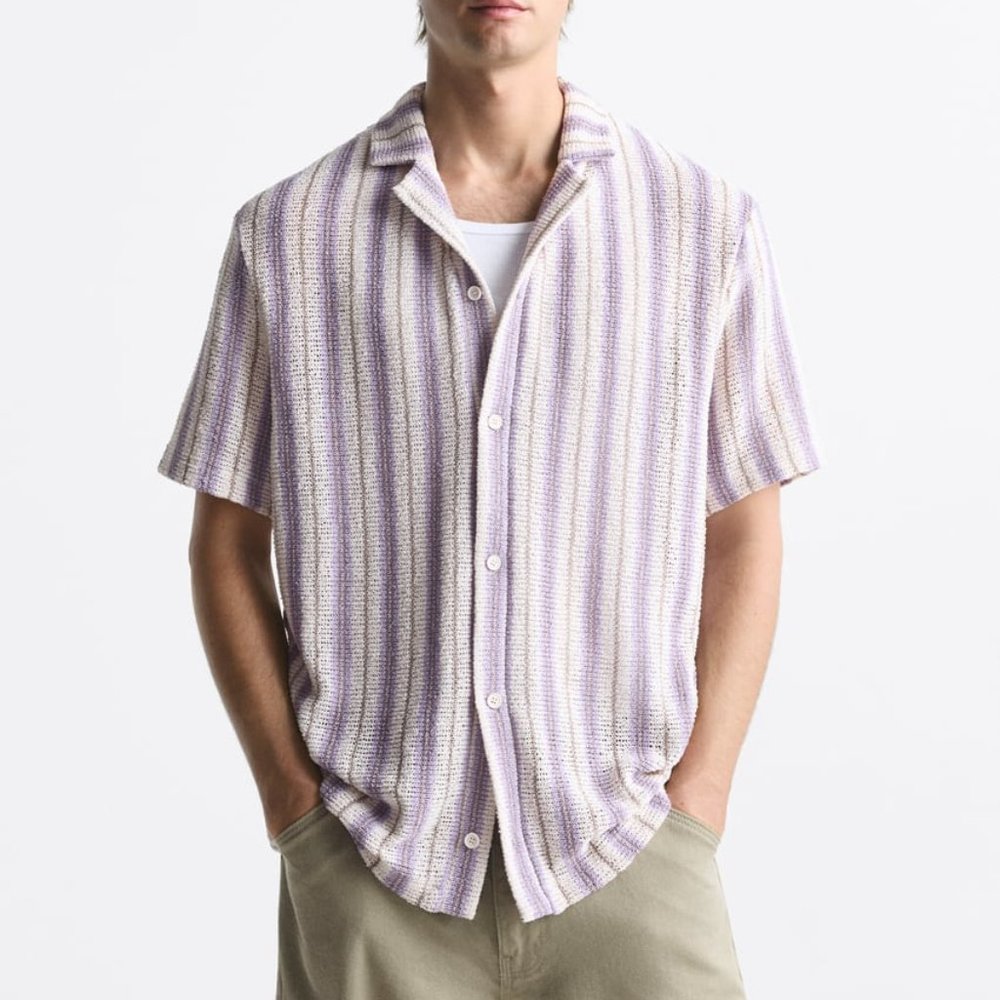 Zara Striped Knit Collared Short Sleeve Shirt